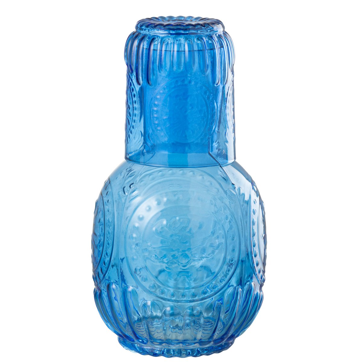 Détail de la carafe J-Line en verre bleu, design raffiné