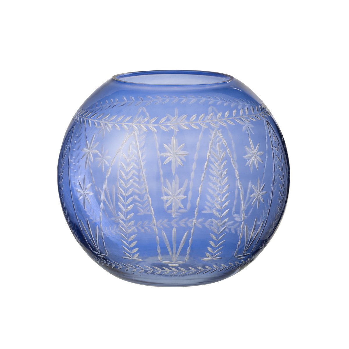 Vase Tarifa Round bleu, vue de près montrant la texture du verre.