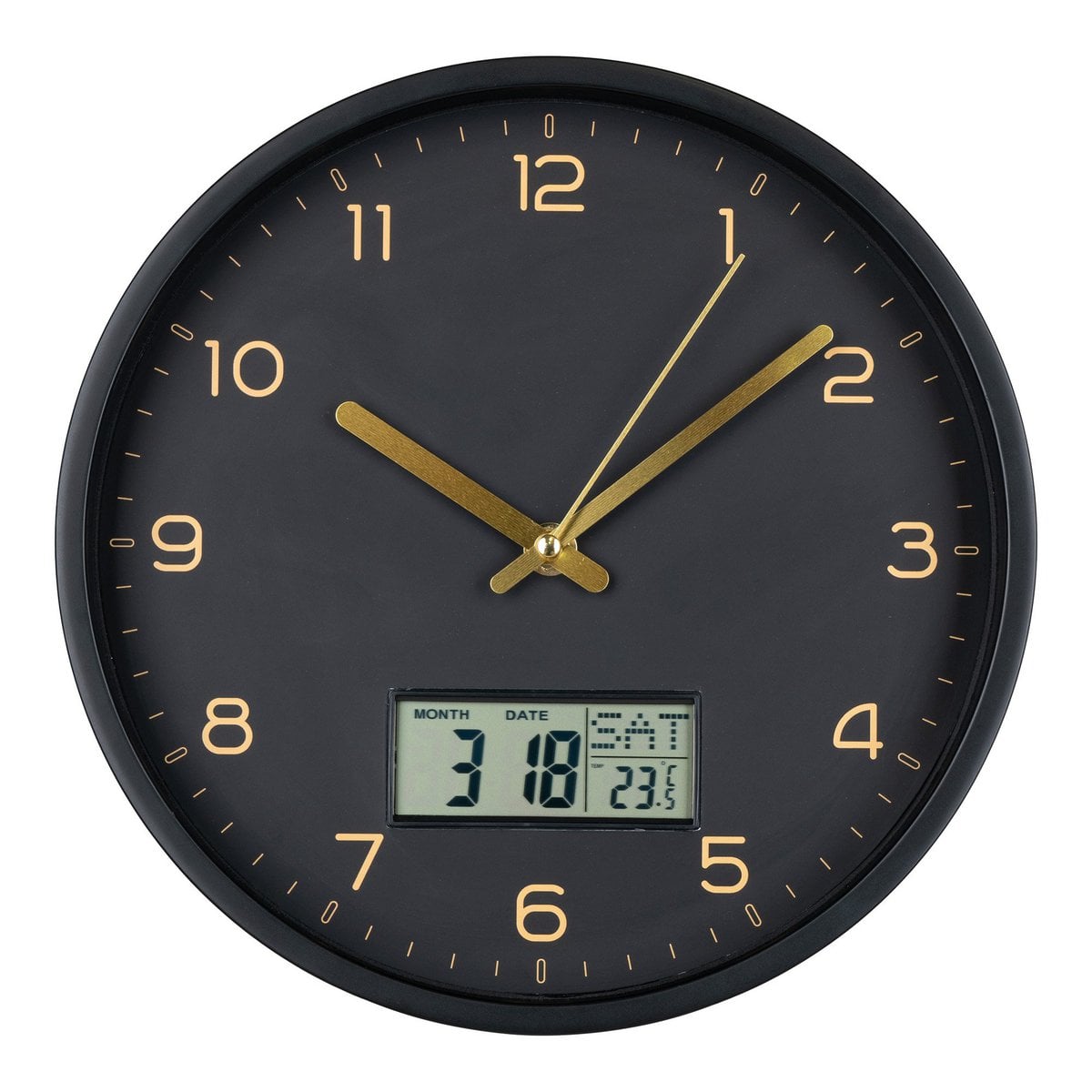Horloge Murale Amiens en noir avec écran LCD et design moderne.