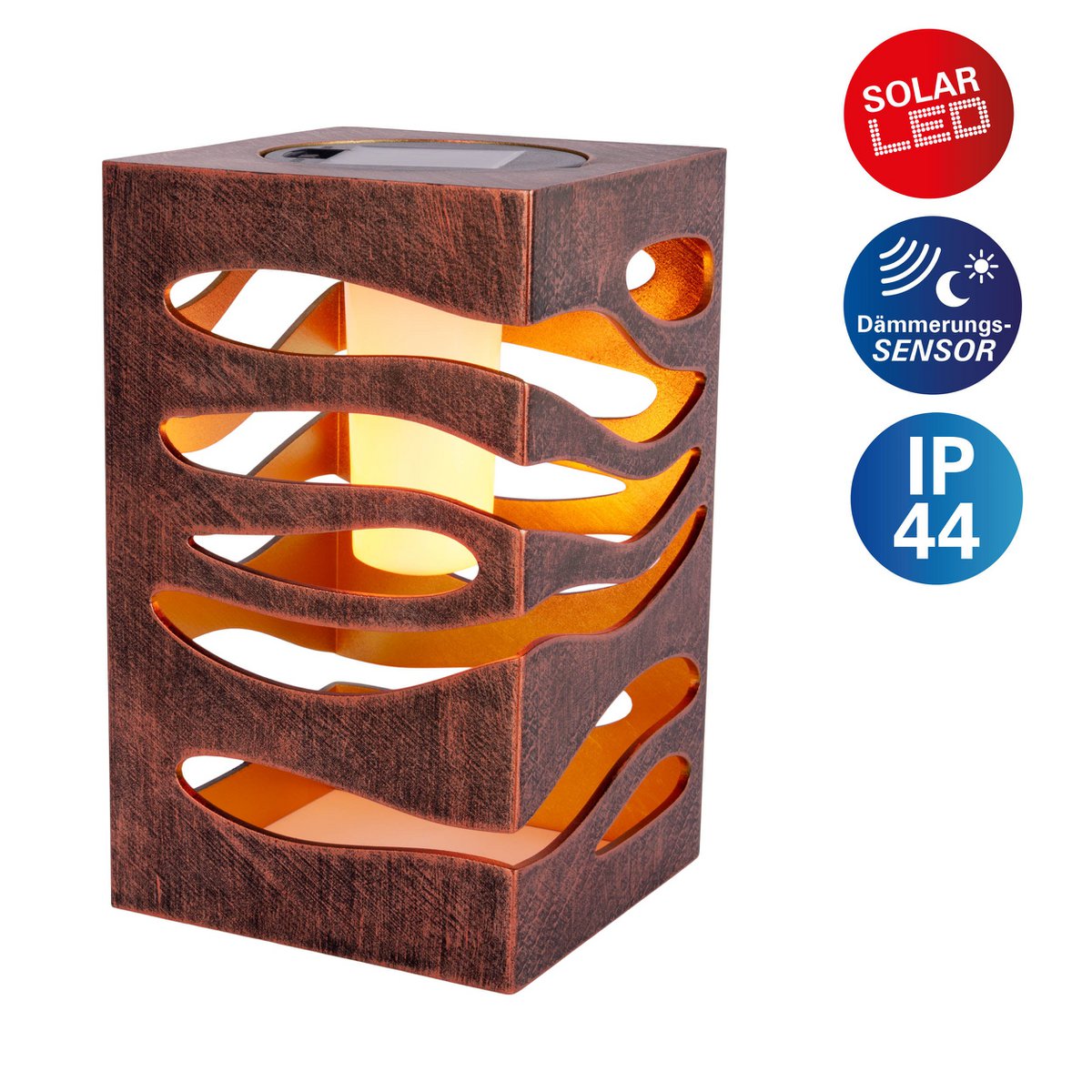 Décoration LED Lumière solaire "Hilda", 12,3 x 12,3 cm, 20 cm de haut, en plastique de haute qualité, à l'intérieur en or, finition métallique brun or, LED intégrée, blanc chaud