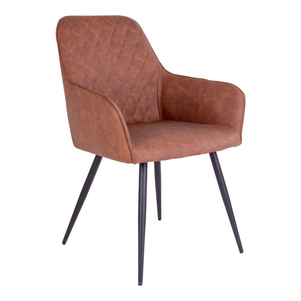 Chaise de salle à manger Harbo en cuir PU marron avec pieds en métal noir, vue de face