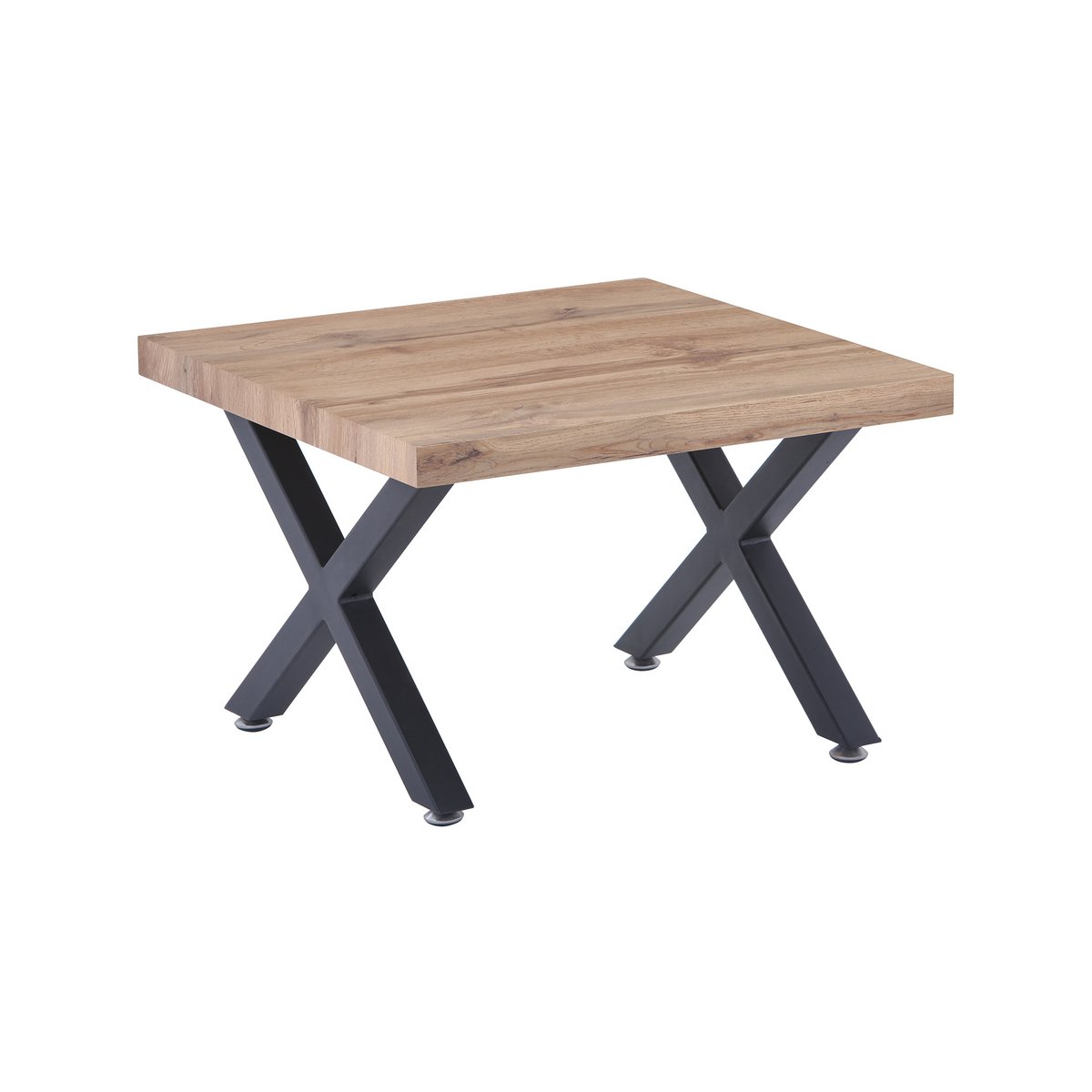 Table basse en bois et métal avec cadre en X, vue de face