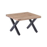 Table basse en bois et métal avec cadre en X, vue de face
