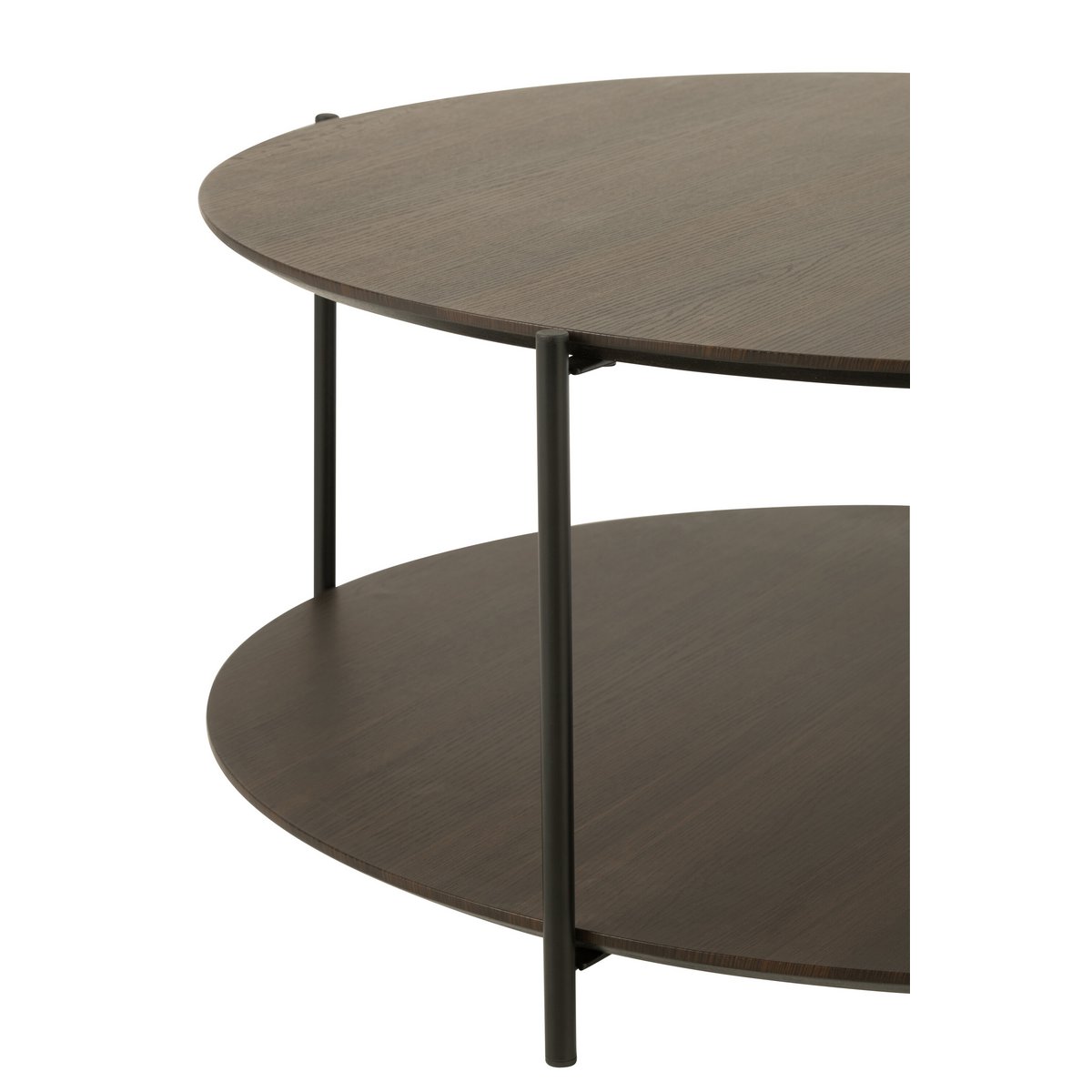 Détail du design industriel de la table basse J-Line, bois et métal.