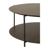 Détail du design industriel de la table basse J-Line, bois et métal.