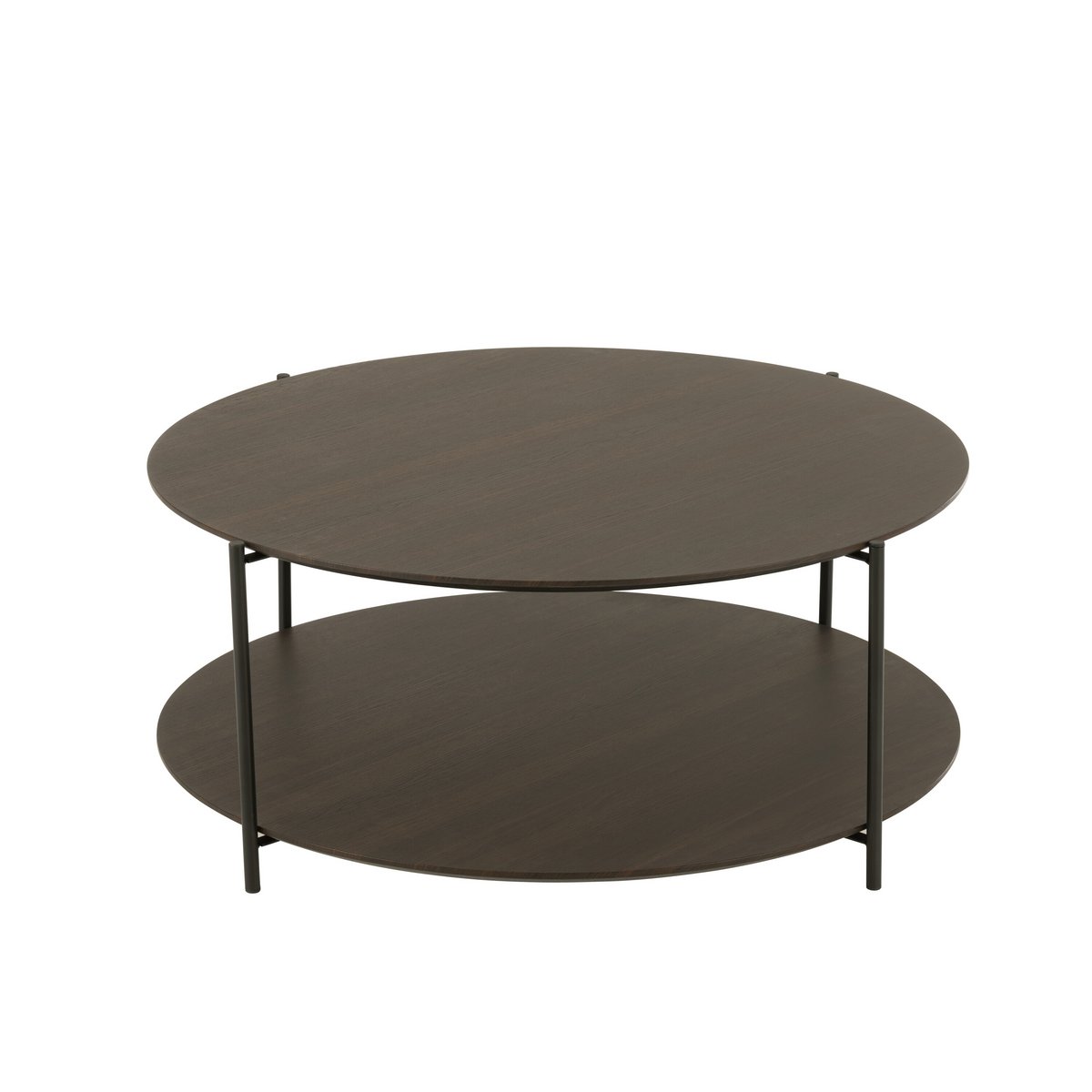 Table basse ronde J-Line en bois et métal brun foncé, vue de face.