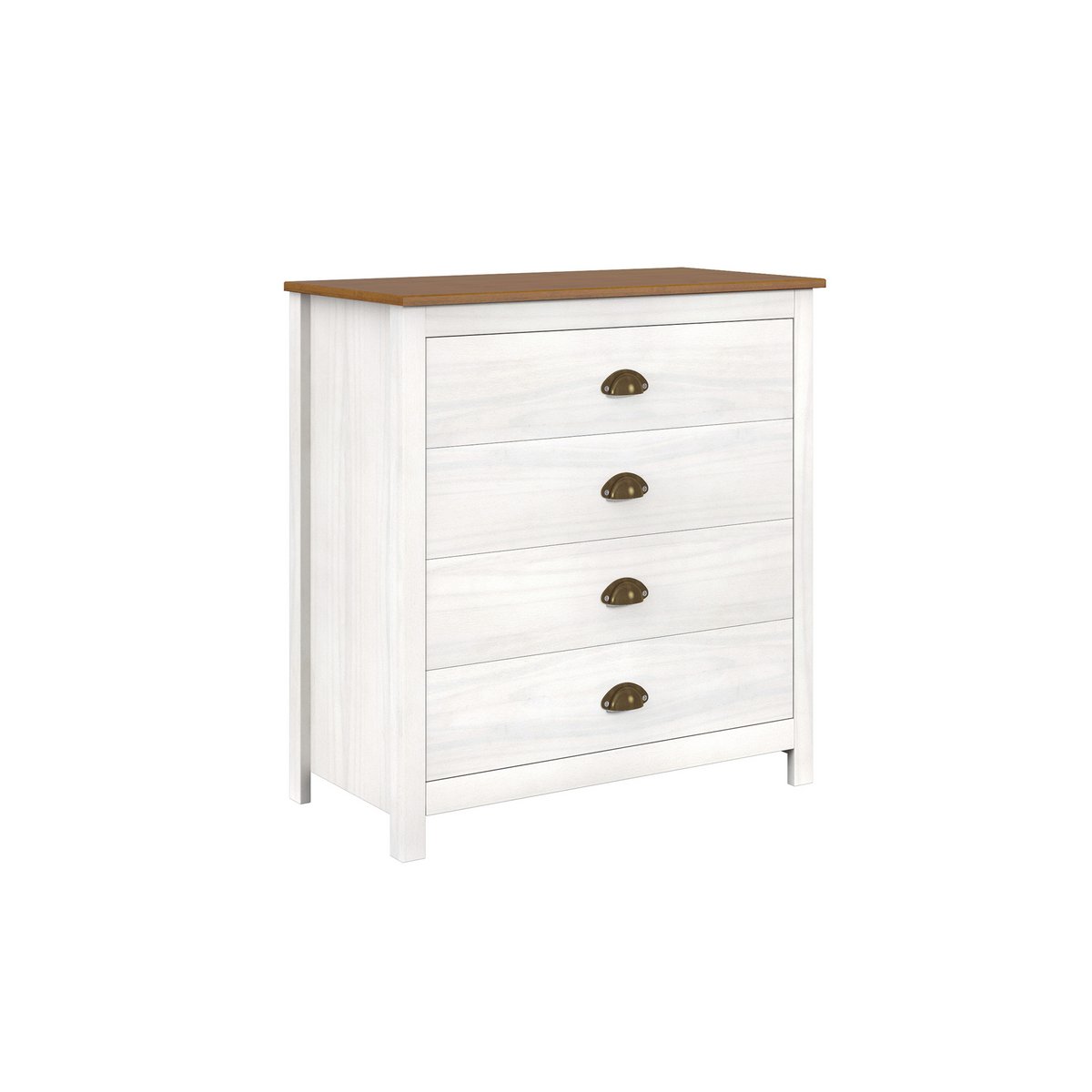 Commode rustique en bois avec finition blanc et poignées en laiton