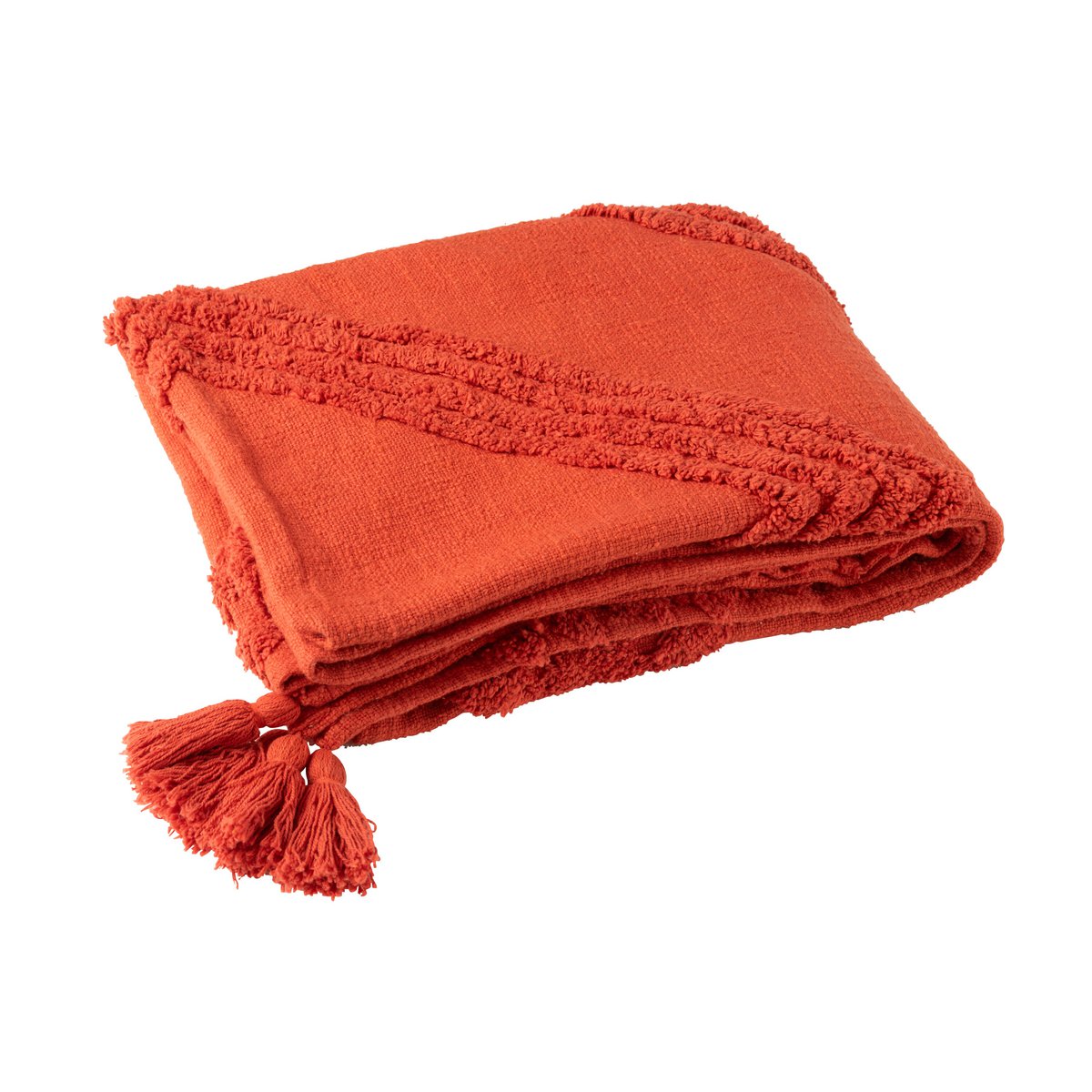 Détail des pompons du plaid tufté en coton brique