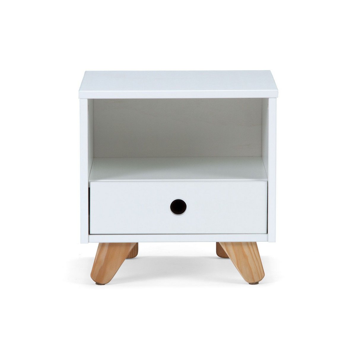 Table de chevet scandinave en bois et blanc avec tiroir ouvert