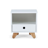 Table de chevet scandinave en bois et blanc avec tiroir ouvert