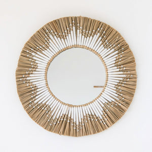 Miroir mural Randu en jonc de mer avec franges en coton blanc