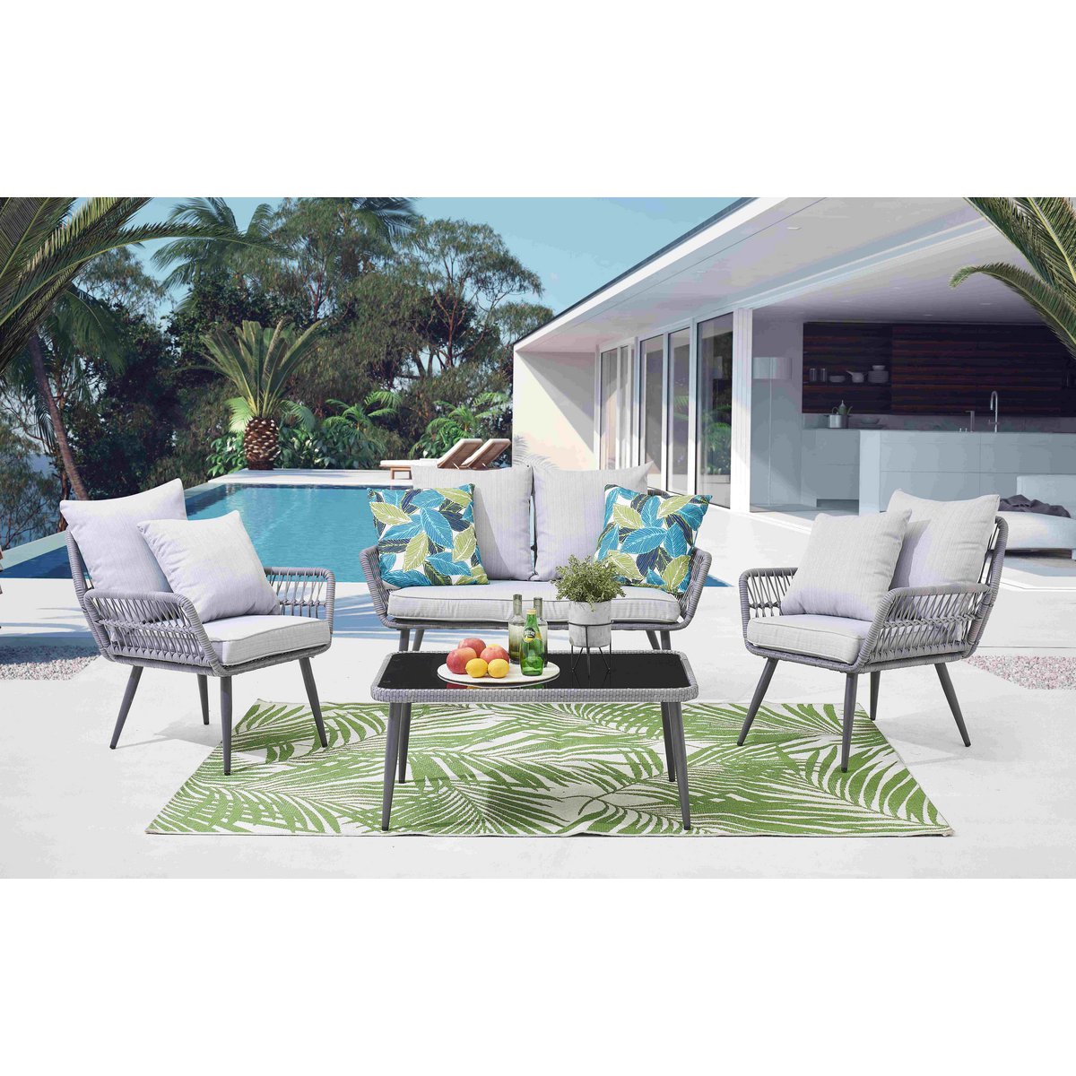 Ensemble de salon de jardin Moebilia avec table en verre et sièges en polyrotin