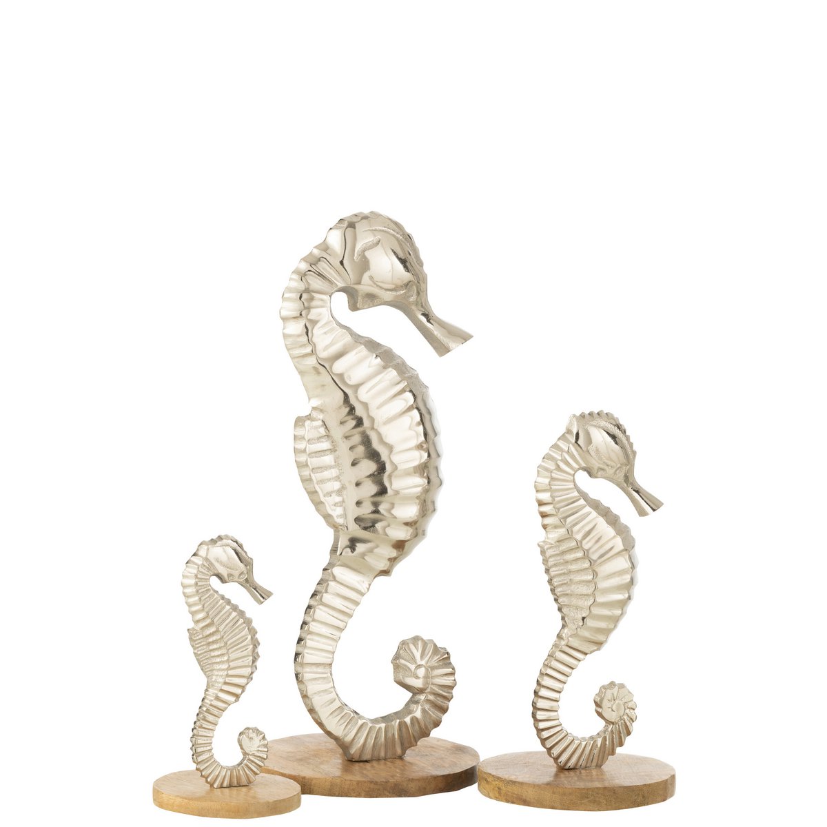 Vue latérale de la figurine hippocampe J-Line, mettant en valeur les détails en aluminium.