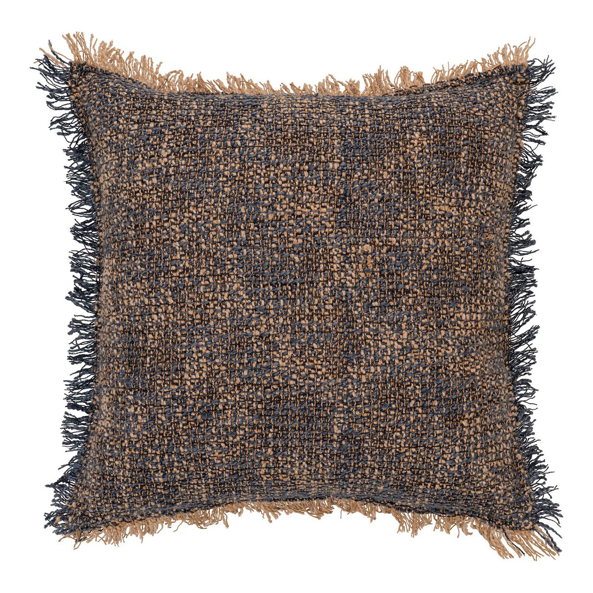 Coussin Ely bleu et jaune avec bords frangés, vue de face