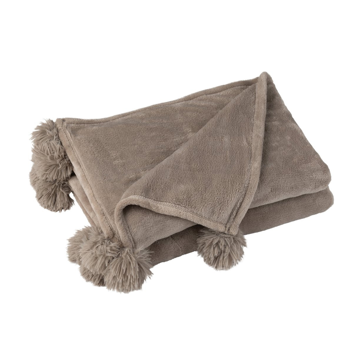 Plaid Pompon J-Line taupe, vue d'ensemble sur un canapé