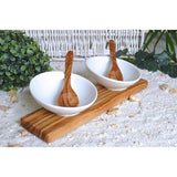 Set de 2 bols à dips DESIGN en porcelaine avec 2 cuillères sur bois d'olivier