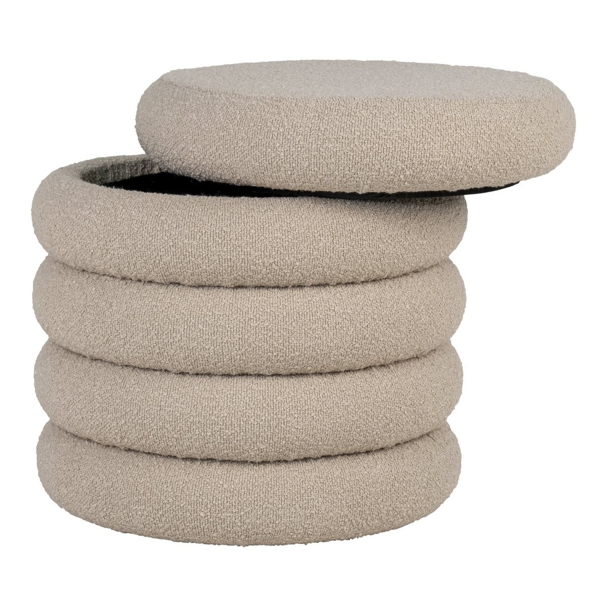 Brooklyn Pouf Beige ouvert révélant l'espace de rangement intérieur