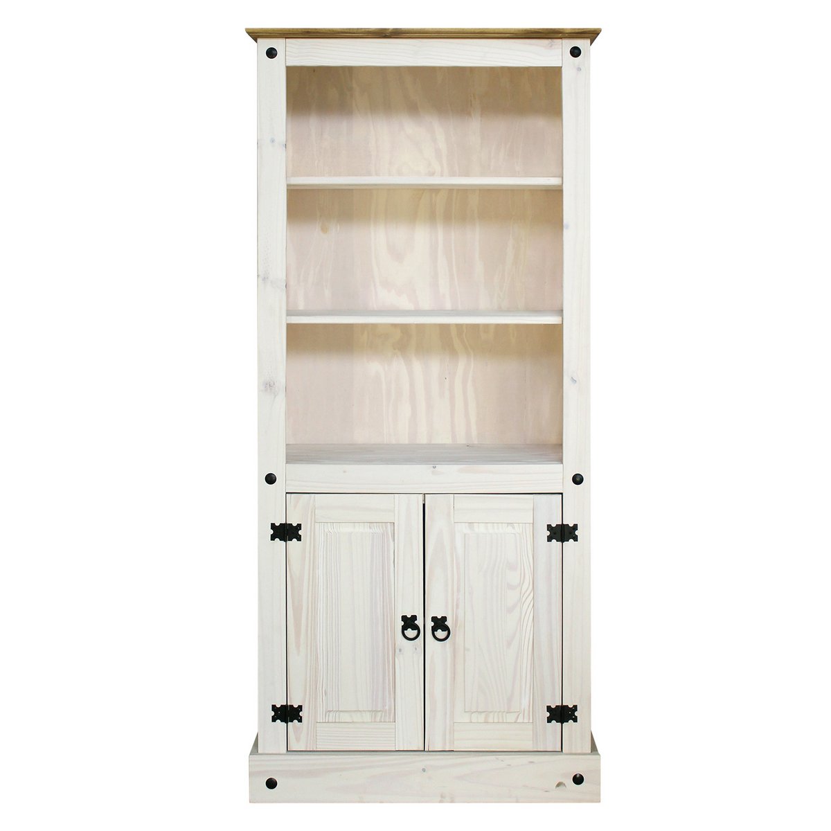 Bibliothèque Moebilia en bois blanc avec portes et compartiments ouverts