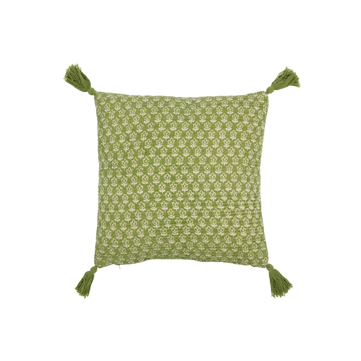 Coussin J-Line Fleurs Pompons en coton vert avec détails floraux