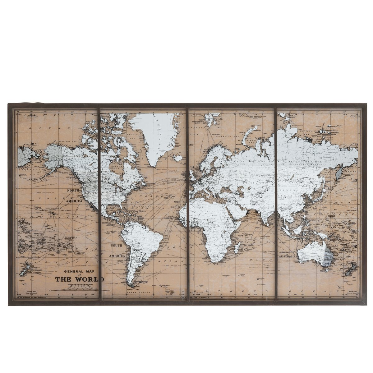 Carte du Monde J-Line en métal et verre beige/marron, décoration murale élégante.