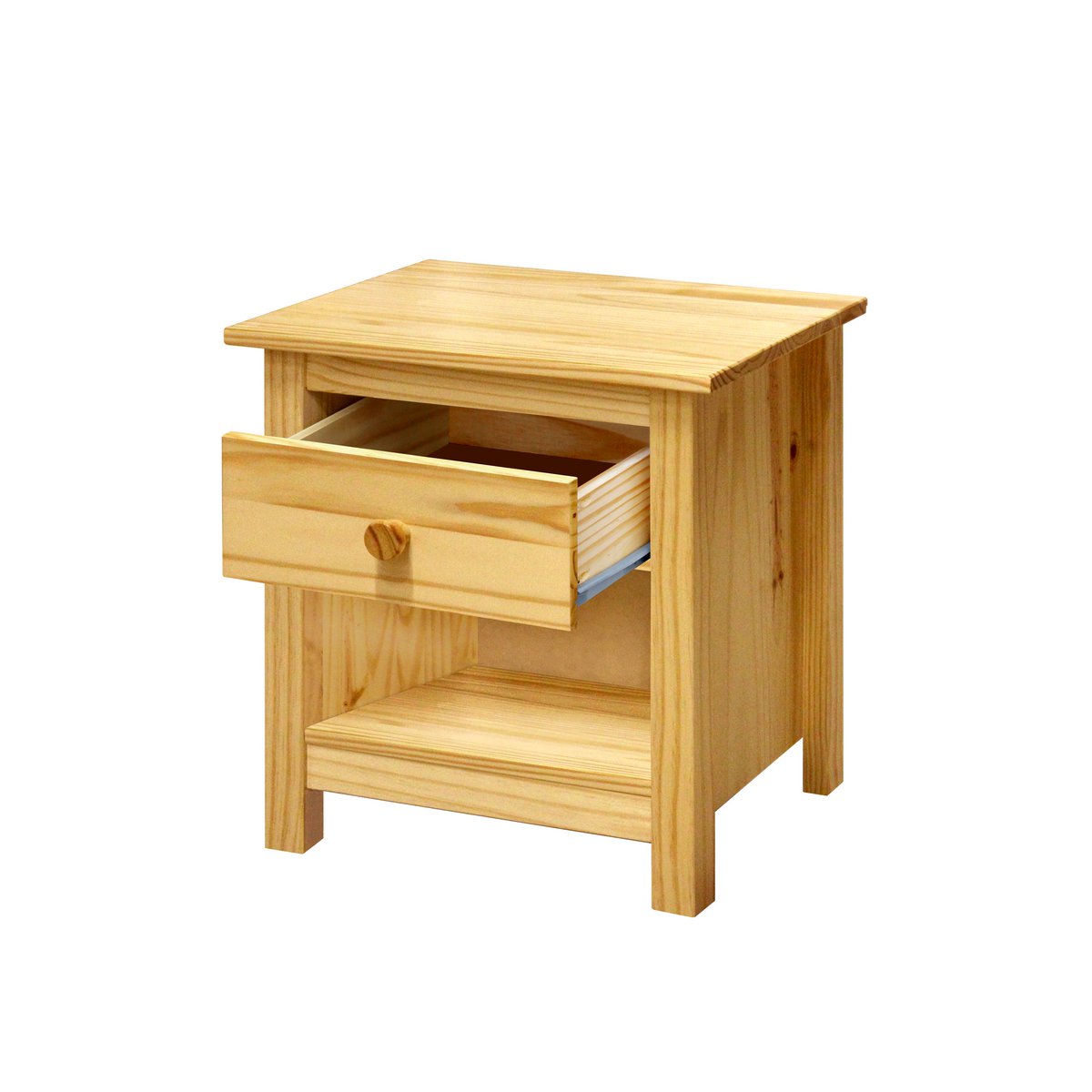 Vue latérale de la table de chevet montrant le grain naturel du bois