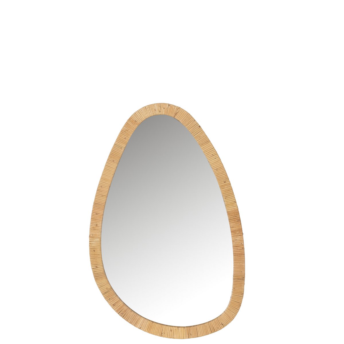 Miroir J-Line en jute et verre, mis en scène dans un salon bohème chic.