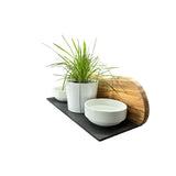Station d'alimentation MOUNTAIN 2x bols en porcelaine de 0,4 litre plus pot pour herbe à chat en bois d'olivier