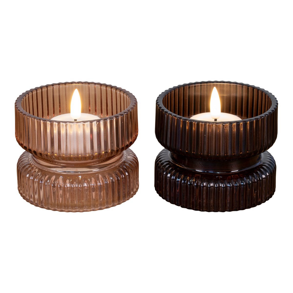 Bougeoir en verre ambre et marron, vue de face, lot de 2