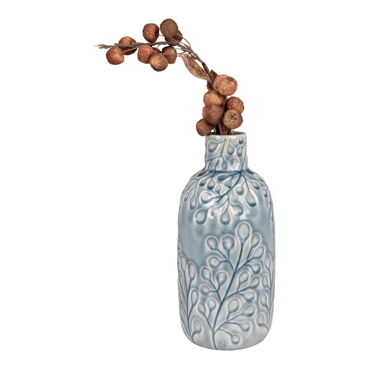 Vase en céramique bleu, présenté avec des fleurs séchées
