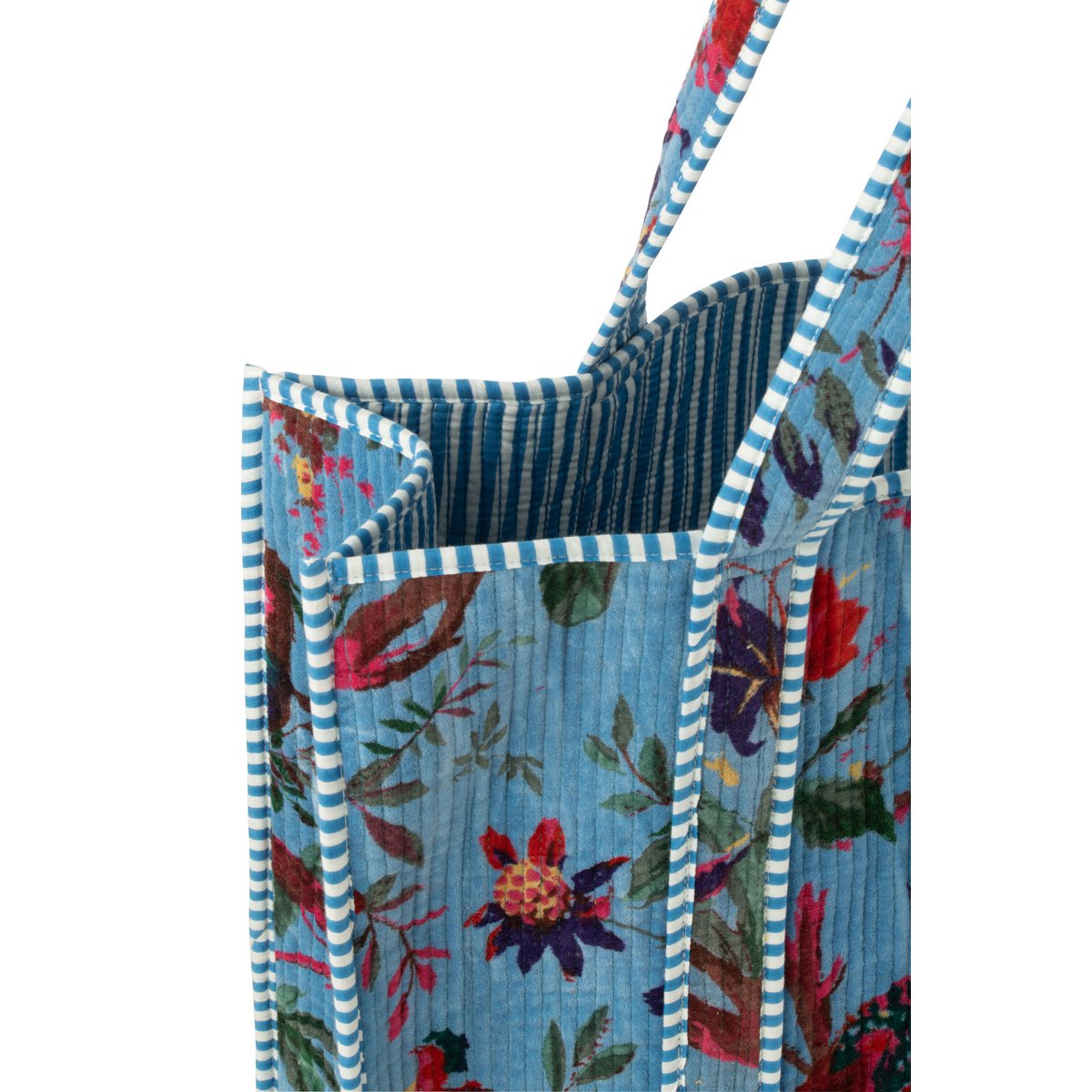 Détail du velours floral bleu du sac d'oiseaux J-line