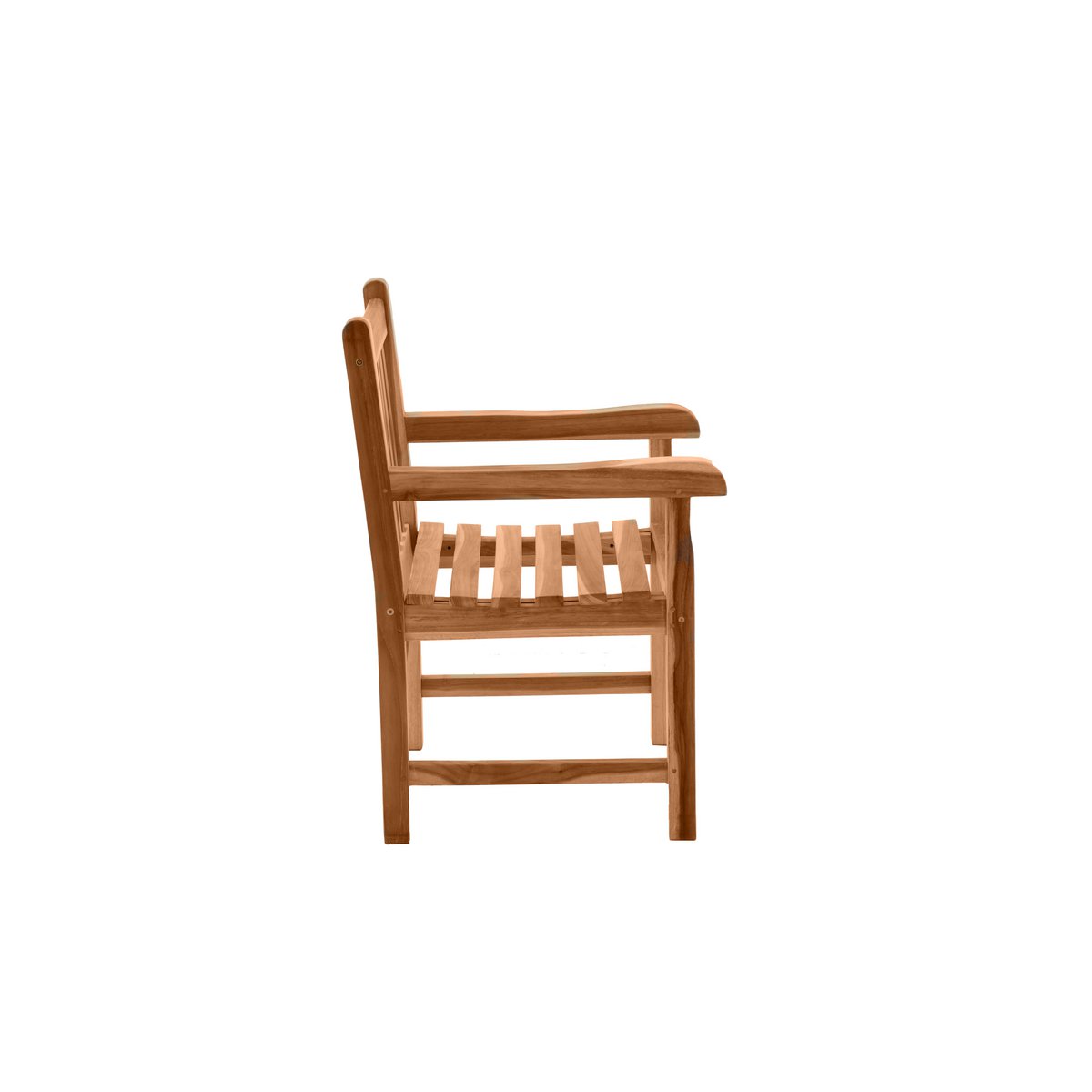 Détail du bois de teck du fauteuil, mettant en valeur sa texture naturelle