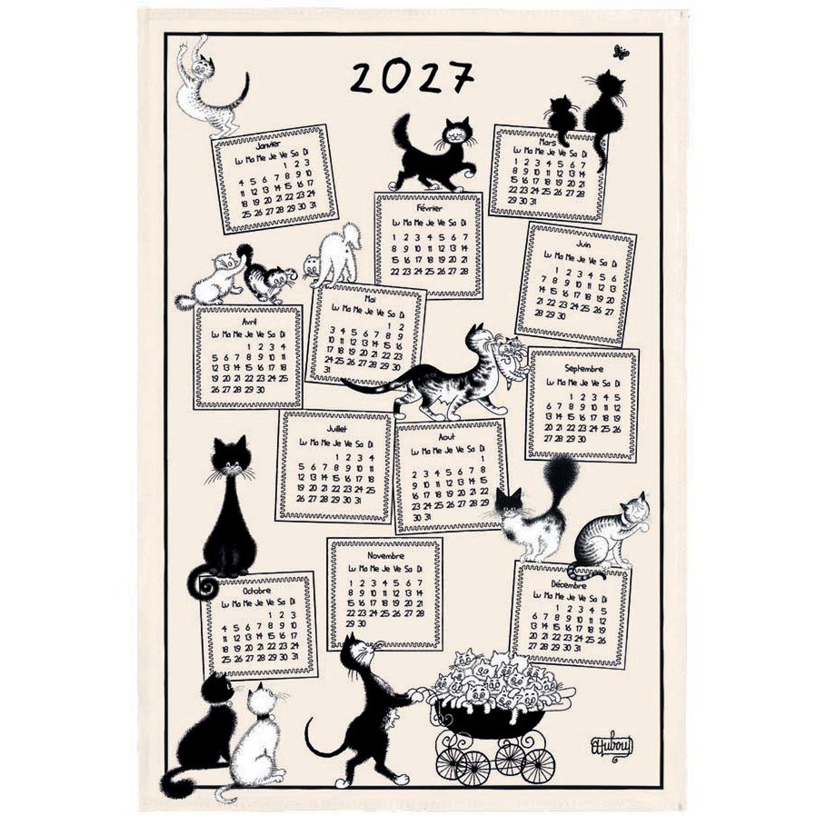 Torchon Dubout Calendrier 2027 en écru avec motifs de chats malicieux