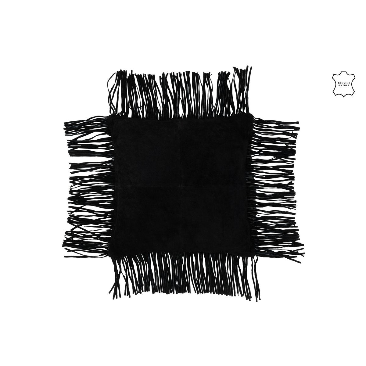 Détail du coussin J-Line en cuir noir montrant les franges élégantes