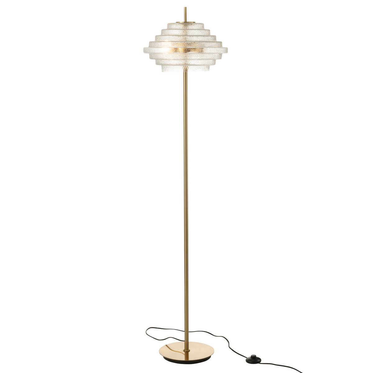 Lampe LED J-Line en métal doré et verre sur fond blanc