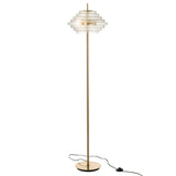 Lampe LED J-Line en métal doré et verre sur fond blanc
