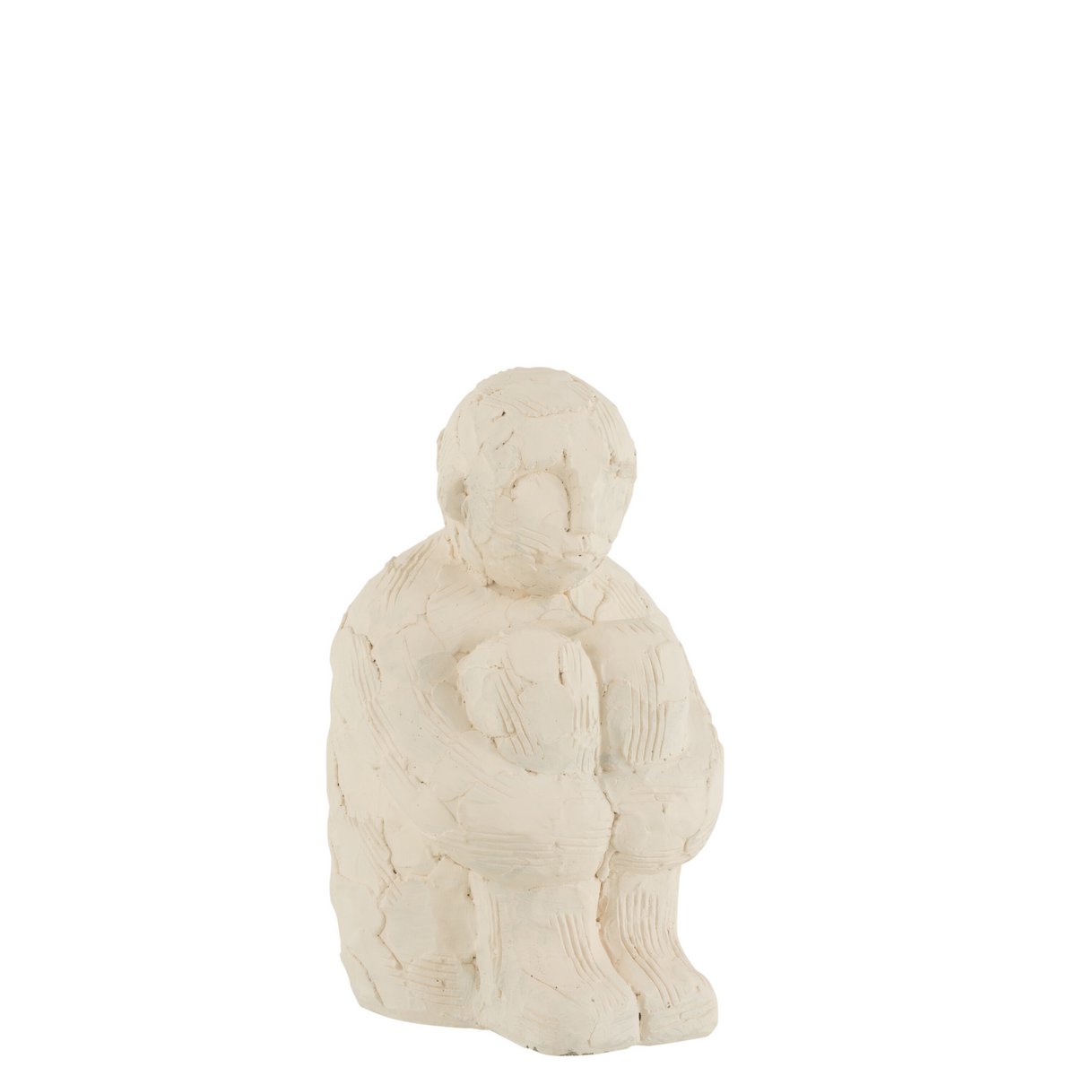 Figurine J-Line en ciment blanc, vue latérale montrant la texture mate