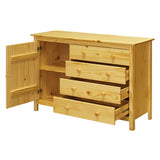Vue de profil de la commode en bois de pin, design classique