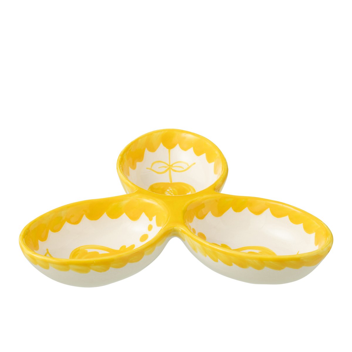 Assiette J-Line Grenade Clover en céramique blanche et jaune, design trèfle.