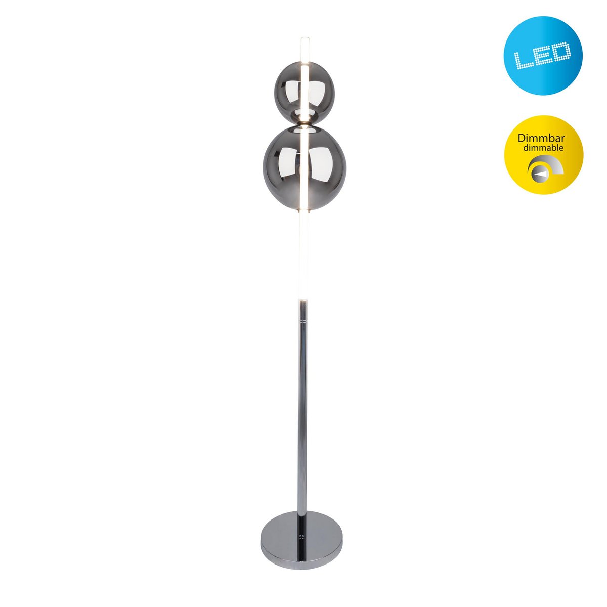 Lampadaire LED lampadaire "Nova" avec une fonction DIMMM en métal, en plastique et en verre de fumée de chrome, avec des LED fermement installées, environ.