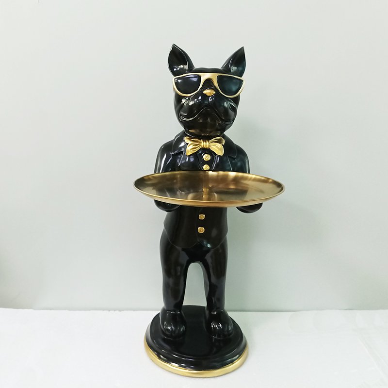 Bouledogue en polyrésine noir avec plateau, décoration élégante