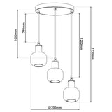 3 plafonds "Fumoso", pendant lampe en métal et en verre en noir, avec douille E14, pour salle à manger, salon, hall ou bureau, lampe suspendue hauteur totale 123 cm.
