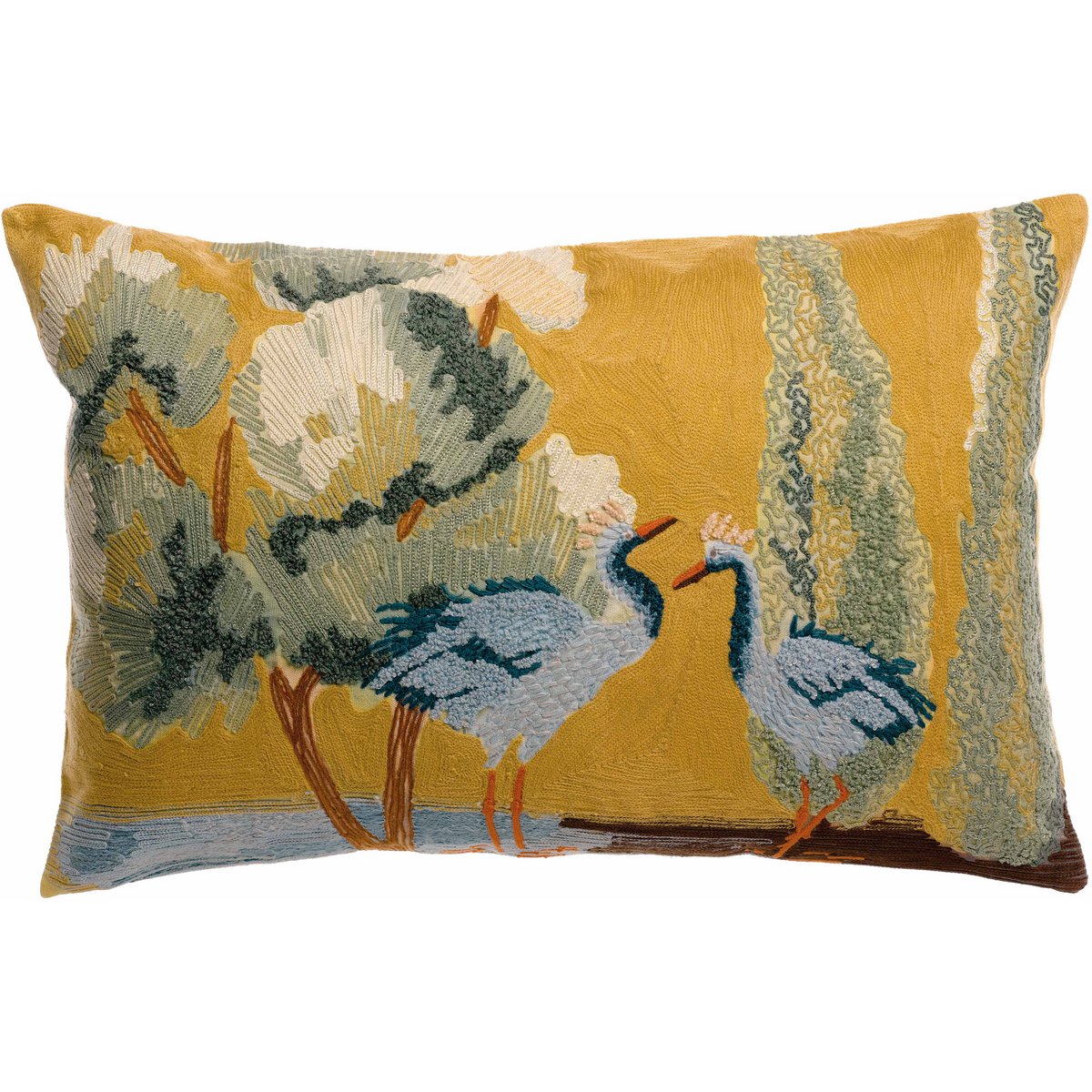 Coussin brodé Lola Multico 40 x 65 avec motifs d'oiseaux et arbres oniriques