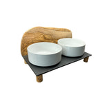 Station d'alimentation MOUNTAIN, 2x 0,9 litres, pieds ronds, bois d'olivier
