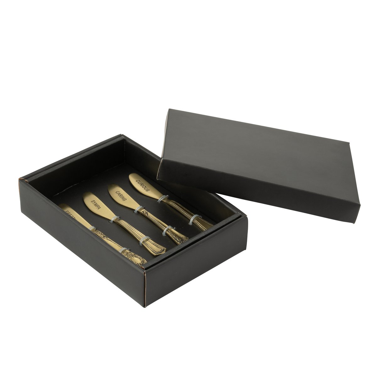 Couverts J-Line en laiton doré, lot de 4, vue d'ensemble.