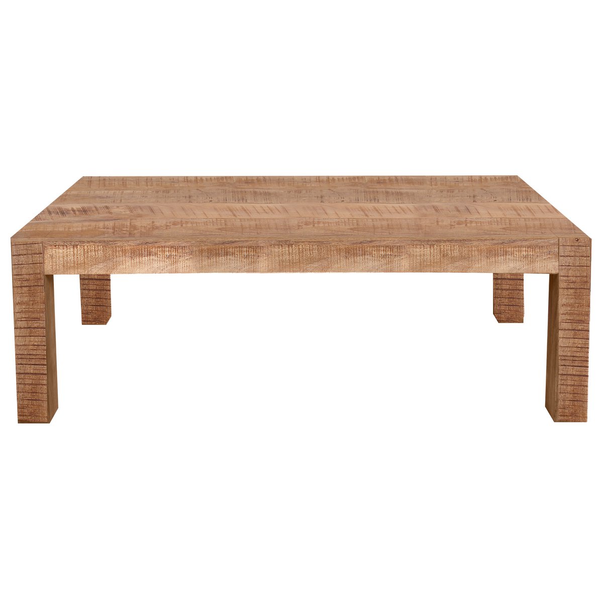 Table basse rectangulaire en bois de manguier dans un salon moderne