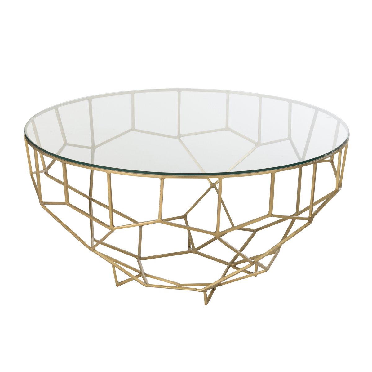 Table Moza en métal doré avec plateau en verre, vue de face