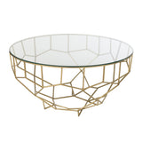 Table Moza en métal doré avec plateau en verre, vue de face
