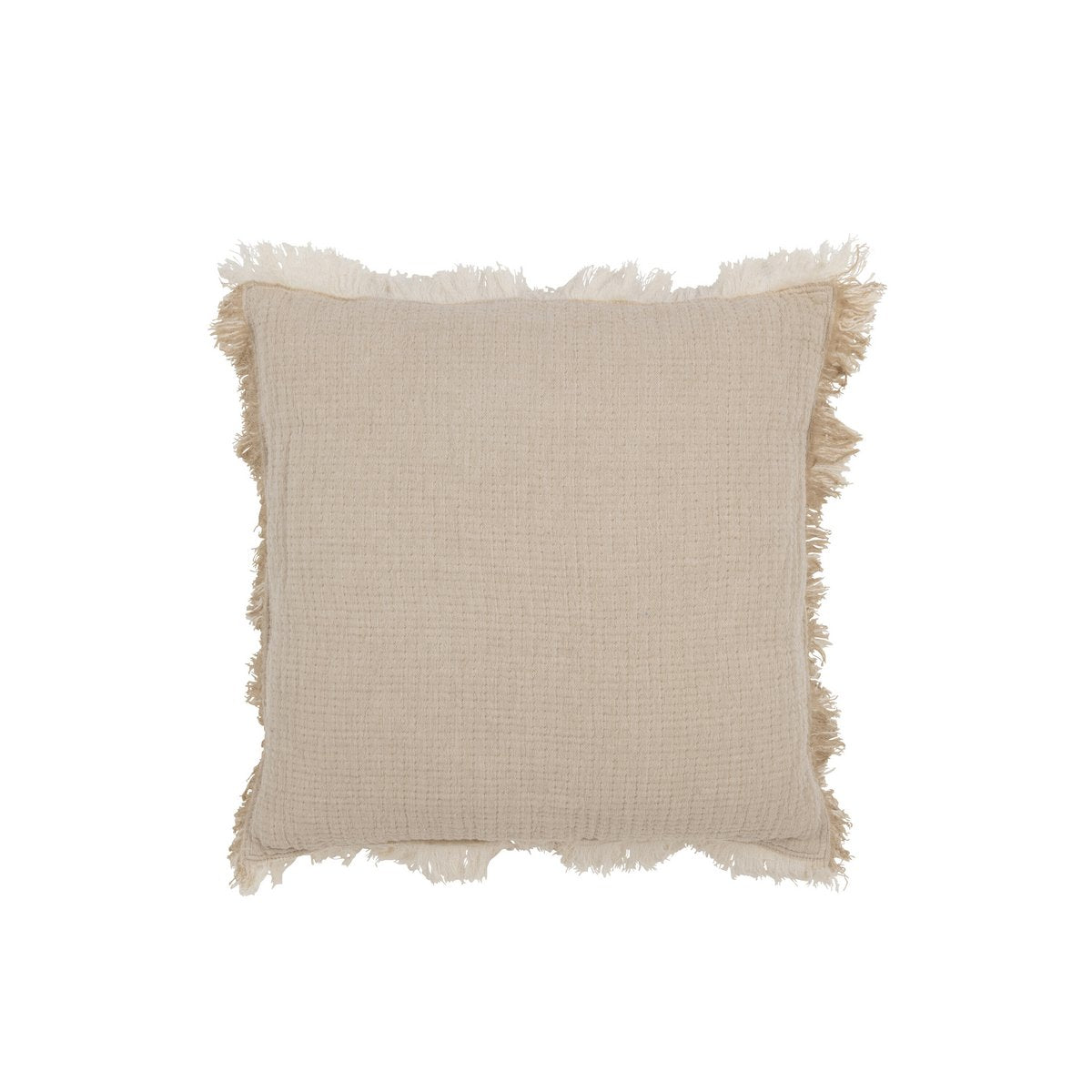 Vue détaillée du coussin J-Line Franges en mousseline de coton beige sur un fond neutre.