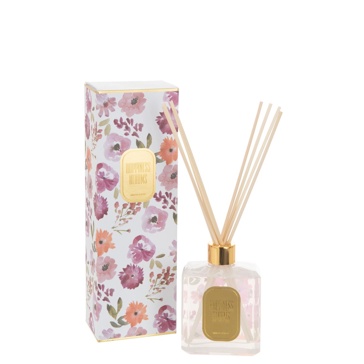 Bâtonnets parfumés J-Line Happiness Blooms avec flacon en verre blanc