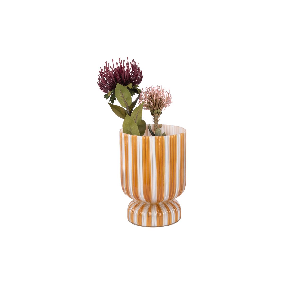 Vase rétro en verre jaune avec rayures, vue de profil